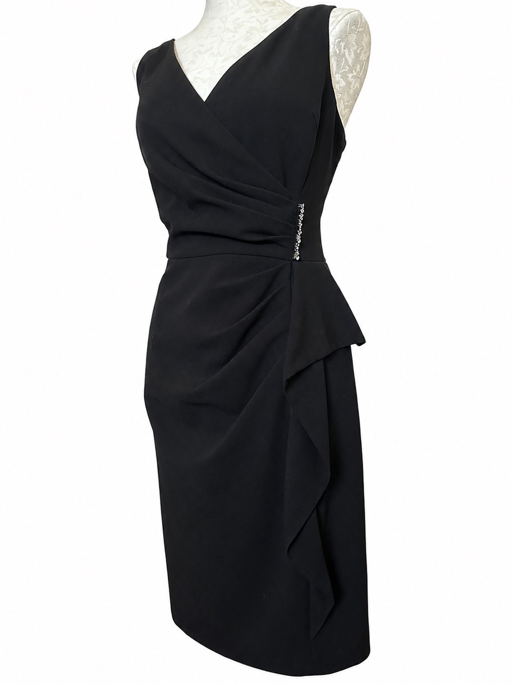 TERI JON Rickie Freeman Black Ruched Sheath Dress Size 12 Rhinestone